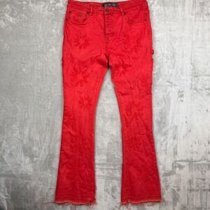 Valabasas Red Floral Embroidered Flare Carpenter Jeans Raw Hem Streetwear 36x35